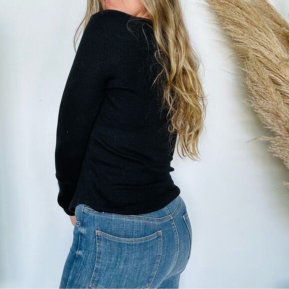 ANTHROPOLOGIE SPLENDID Black Waffle Knit Thermal Long Sleeve Tee Shirt Top M - Picture 3 of 9